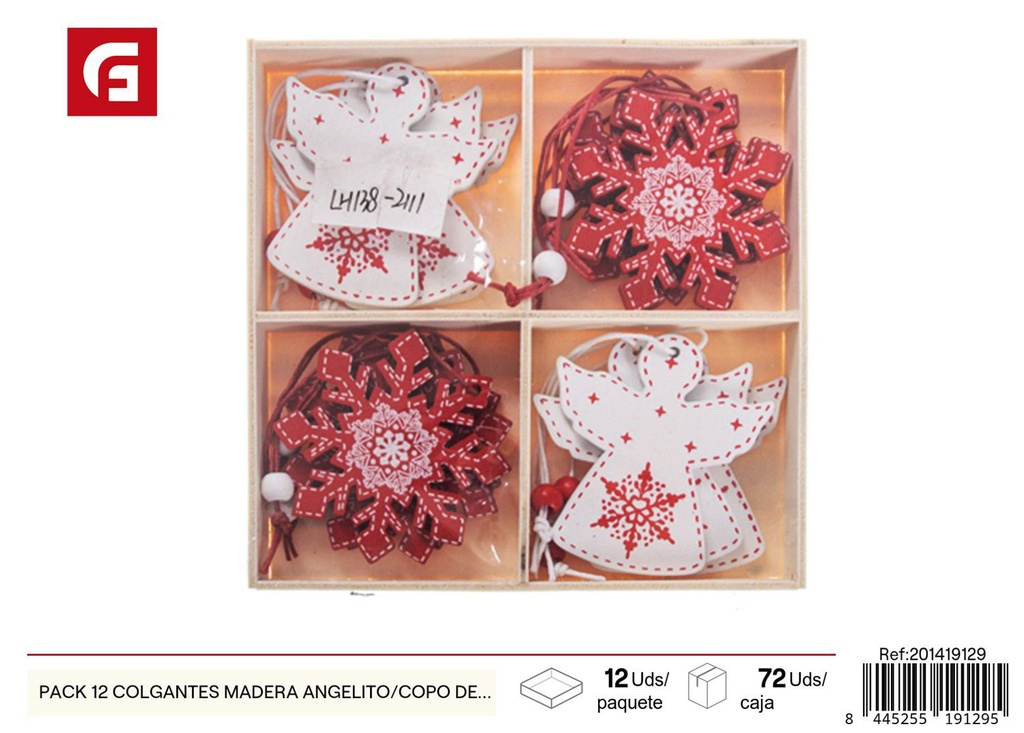 Pack 12 colgantes madera angelito/copo de nieve para decoración navideña