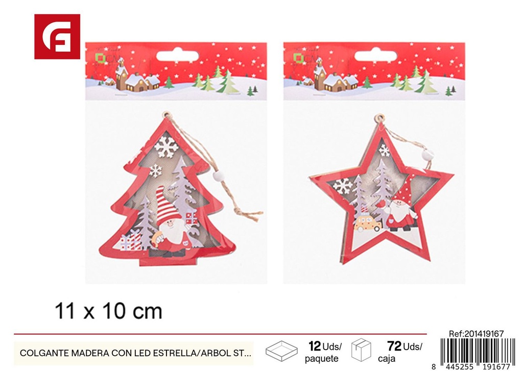 Colgante de madera con LED estrella/árbol 11x10cm para decoración navideña