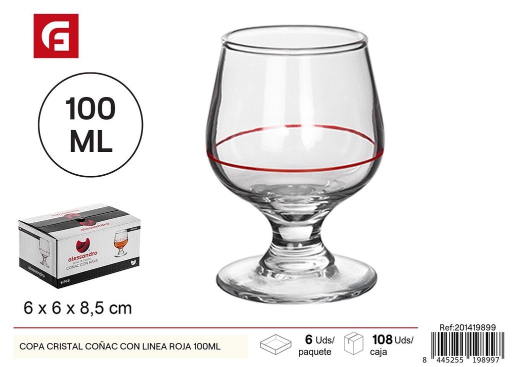 Copa cristal coñac con línea roja 100 ml - Vidrio y cerámica