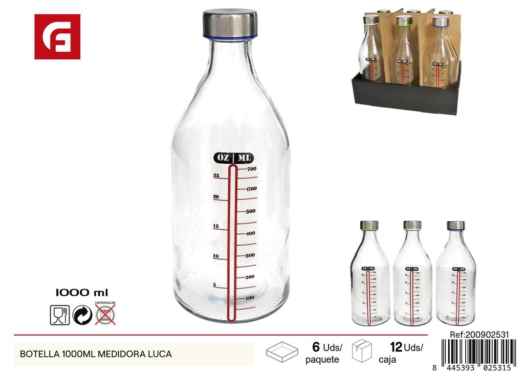 Botella medidora Luca 1000ml - Envase de vidrio para medidas