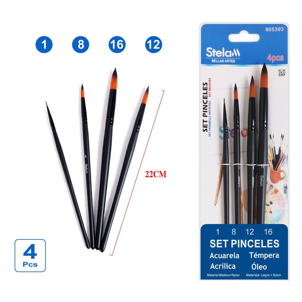 Set de pinceles negros 4 piezas para pintura y dibujo