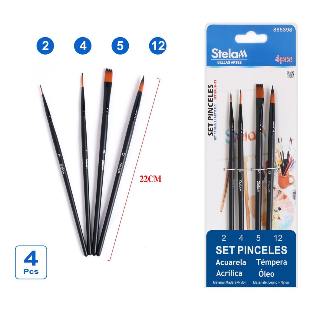 Set de pinceles de arte 4 piezas con mango negro mate