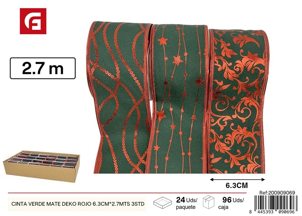 Cinta verde mate Deko rojo 6.3cm*2.7mts 3std para decoraciones navideñas