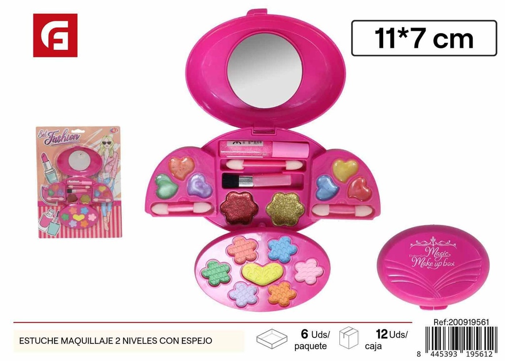 Estuche de maquillaje de juguete con espejo y 2 niveles