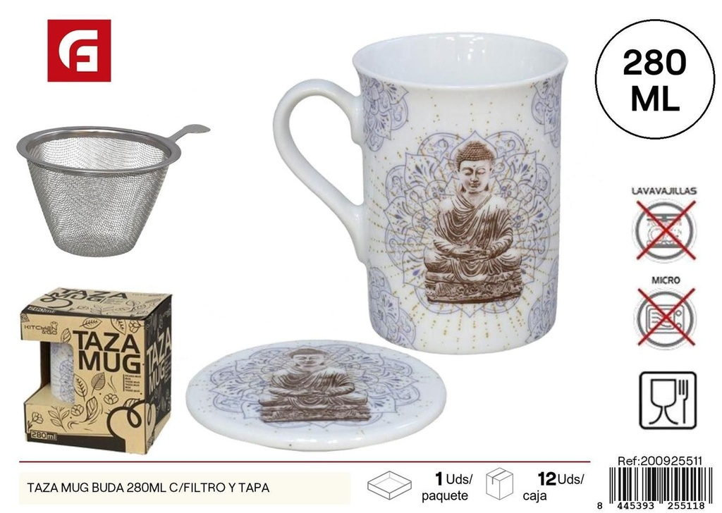 Taza mug Budda 280ml c/filtro y tapa - Cerámica