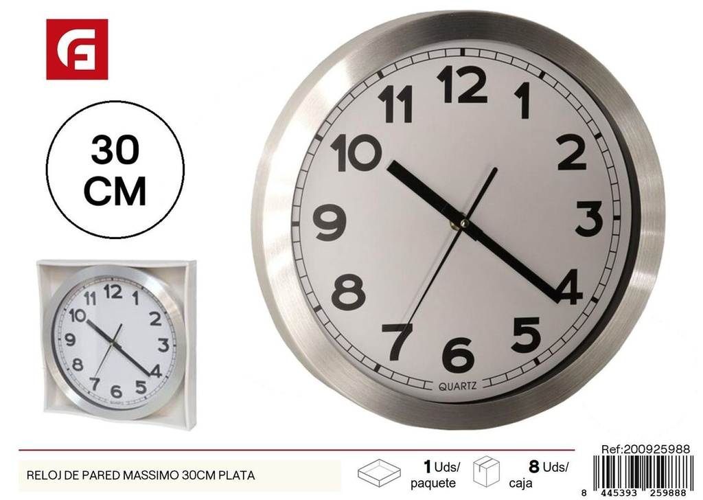 Reloj de pared Massimo 30cm plata para decoración del hogar