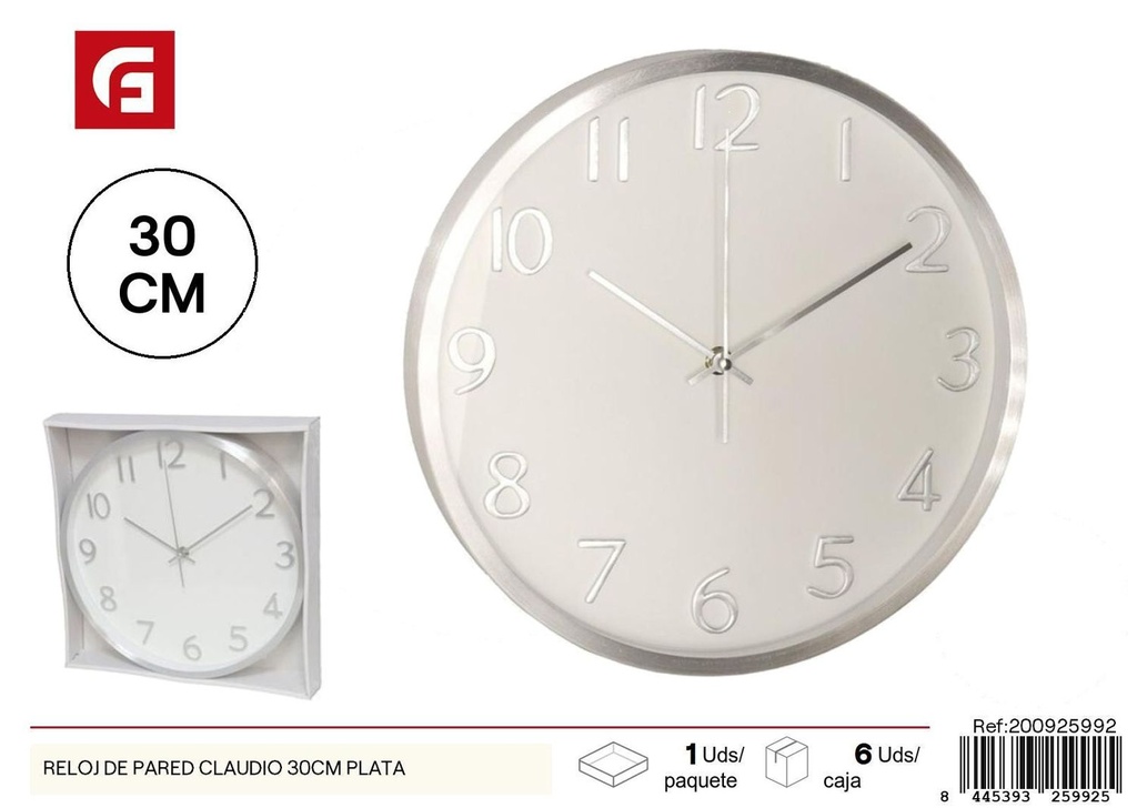 Reloj de pared Claudio 30cm plata, decoración para el hogar