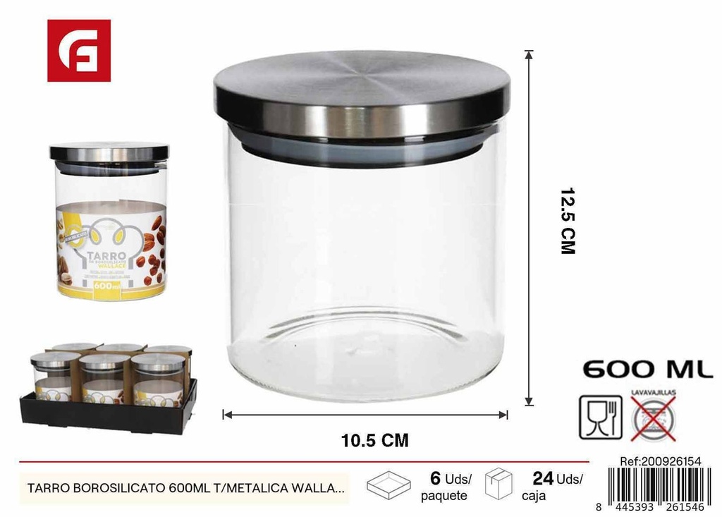 Tarro de borosilicato 600ml tapa metálica Wallace para almacenamiento