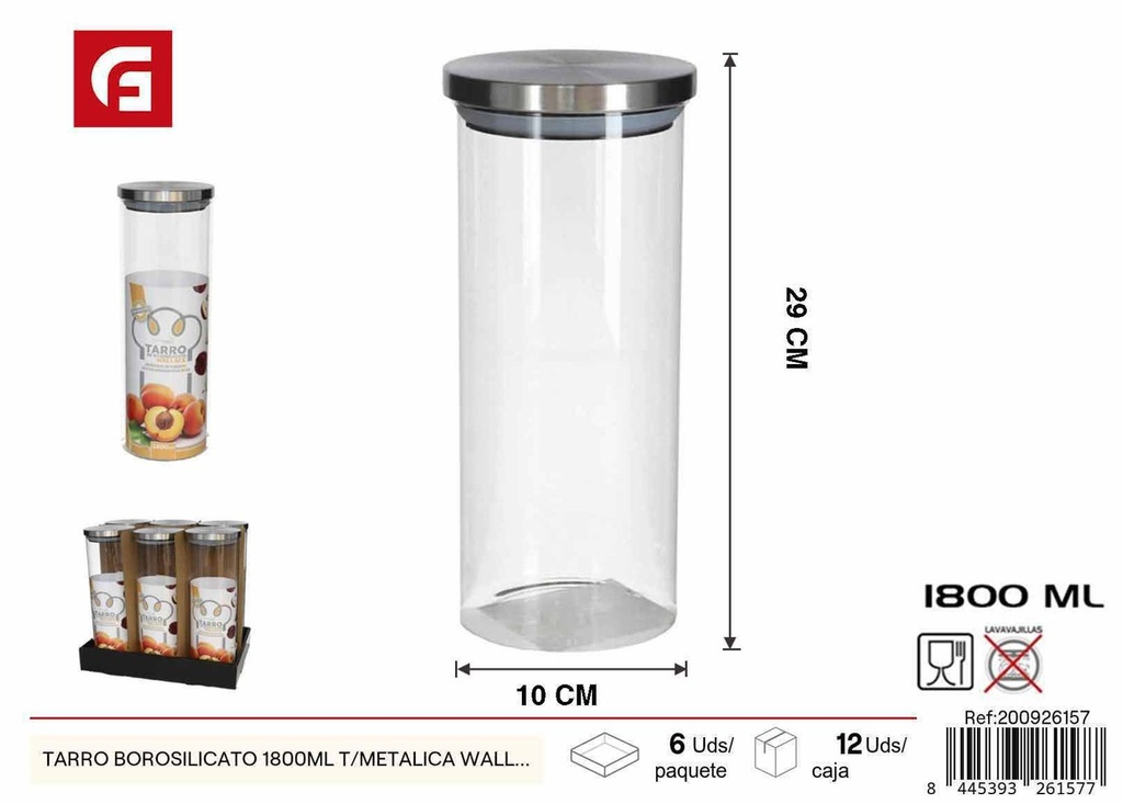 Tarro borosilicato 1800ml con tapa metálica - Botes y tarros para cocina