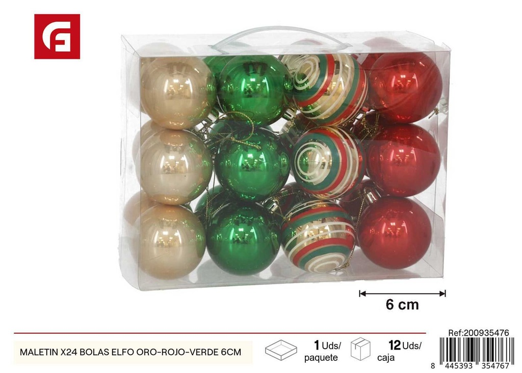 Maletín con 24 bolas de árbol navideñas en oro, rojo y verde 6cm