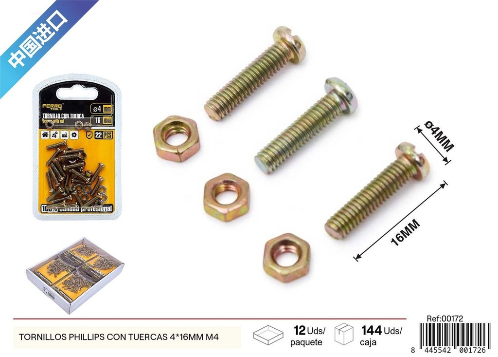 Tornillos Phillips con tuercas 4x16mm M4, ferretería y fijación