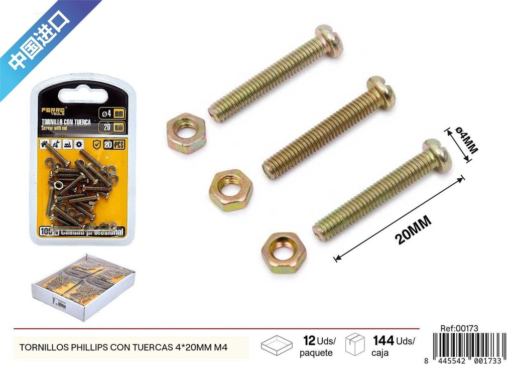 Tornillos Phillips con tuercas 4*20mm+M4 - Accesorios de ferretería