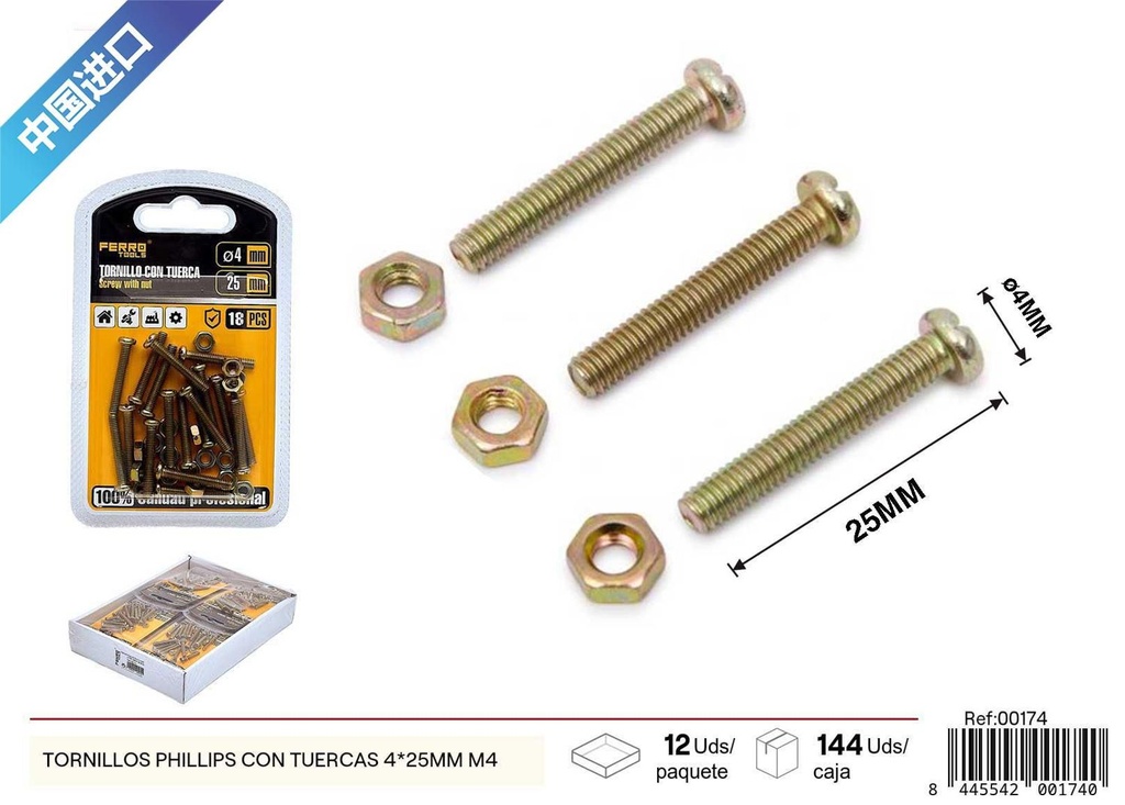 Tornillos Phillips con tuercas 4*25mm+M4 - Accesorios de ferretería