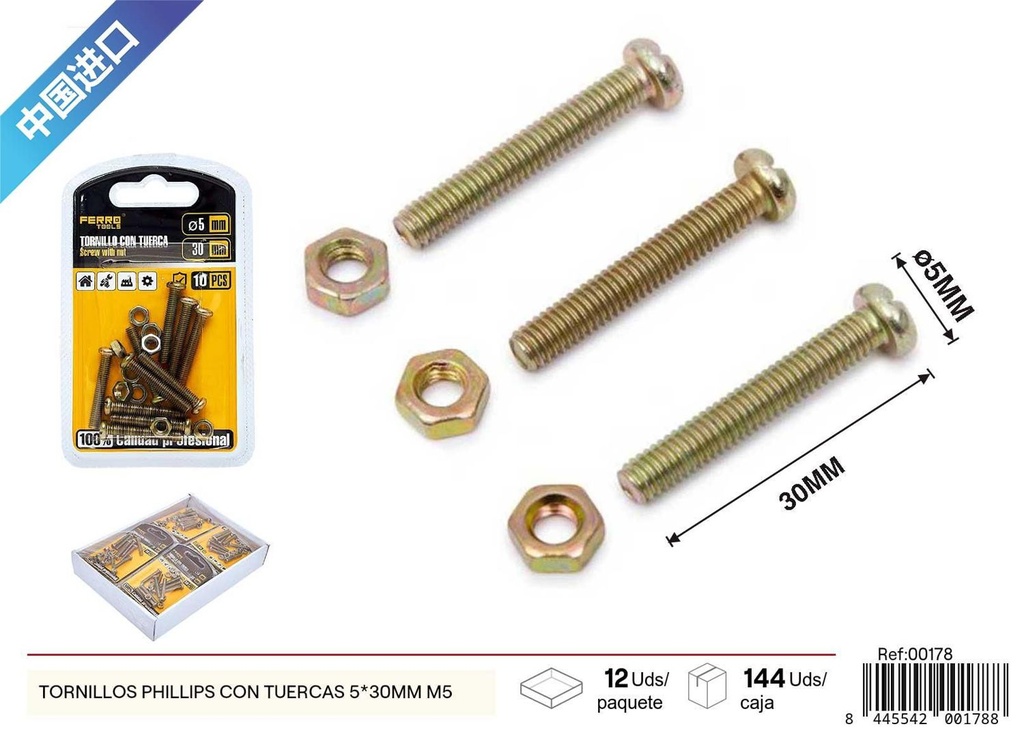 Tornillos Phillips con tuercas 5*30mm+M5 - Accesorios de ferretería