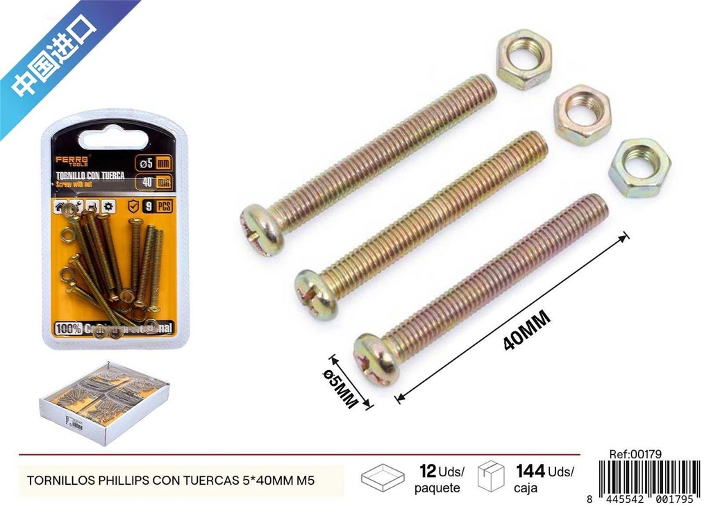 Tornillos Phillips con tuercas 5*40mm M5 para montaje y fijación