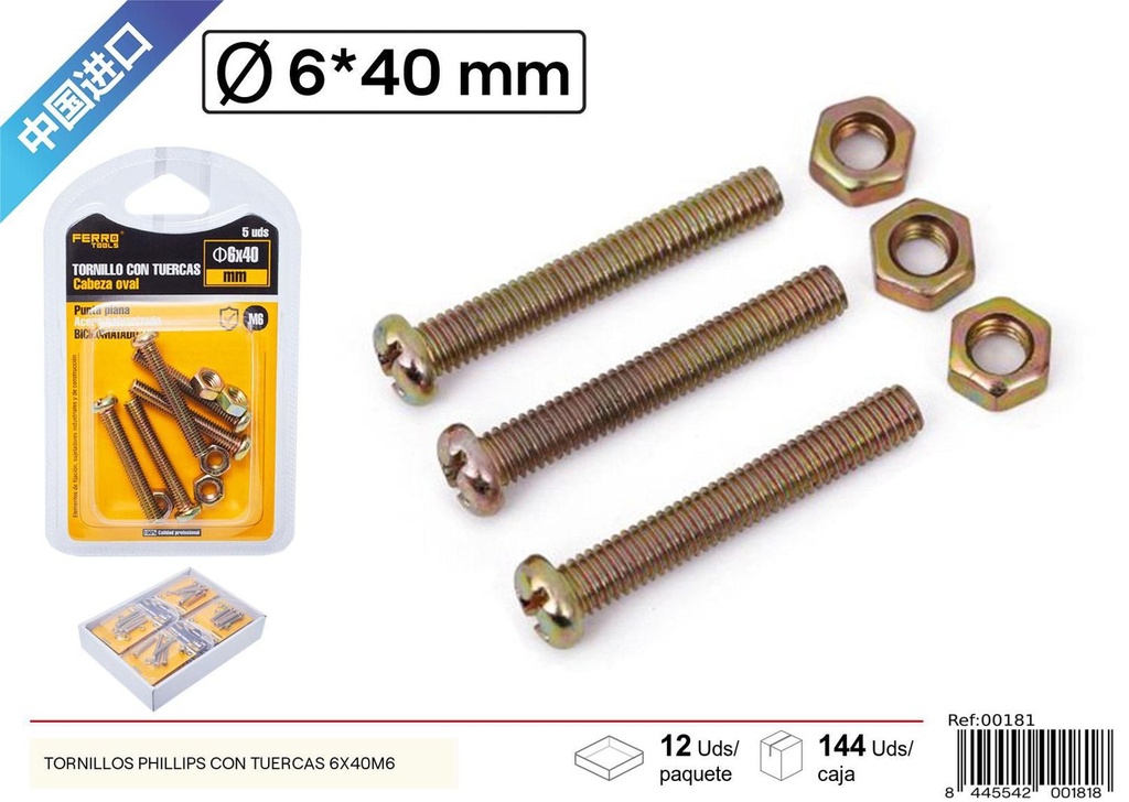 Tornillos Phillips con tuercas 6*40mm+M6 - Accesorios de ferretería