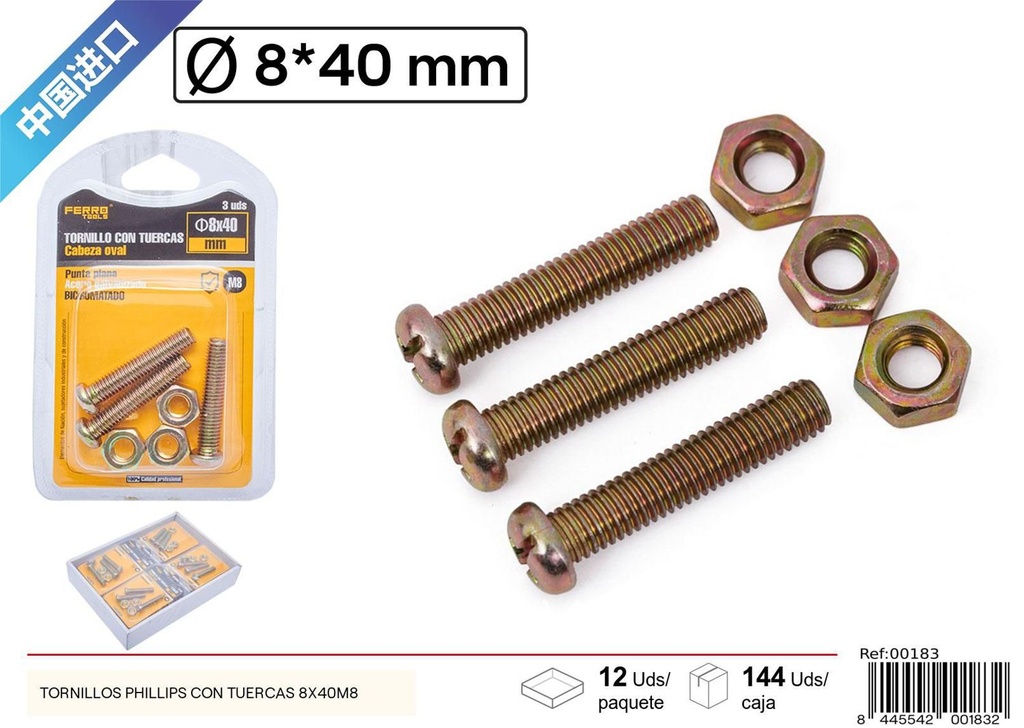 Tornillos Phillips con tuercas 8*40mm+M8 - Accesorios de ferretería