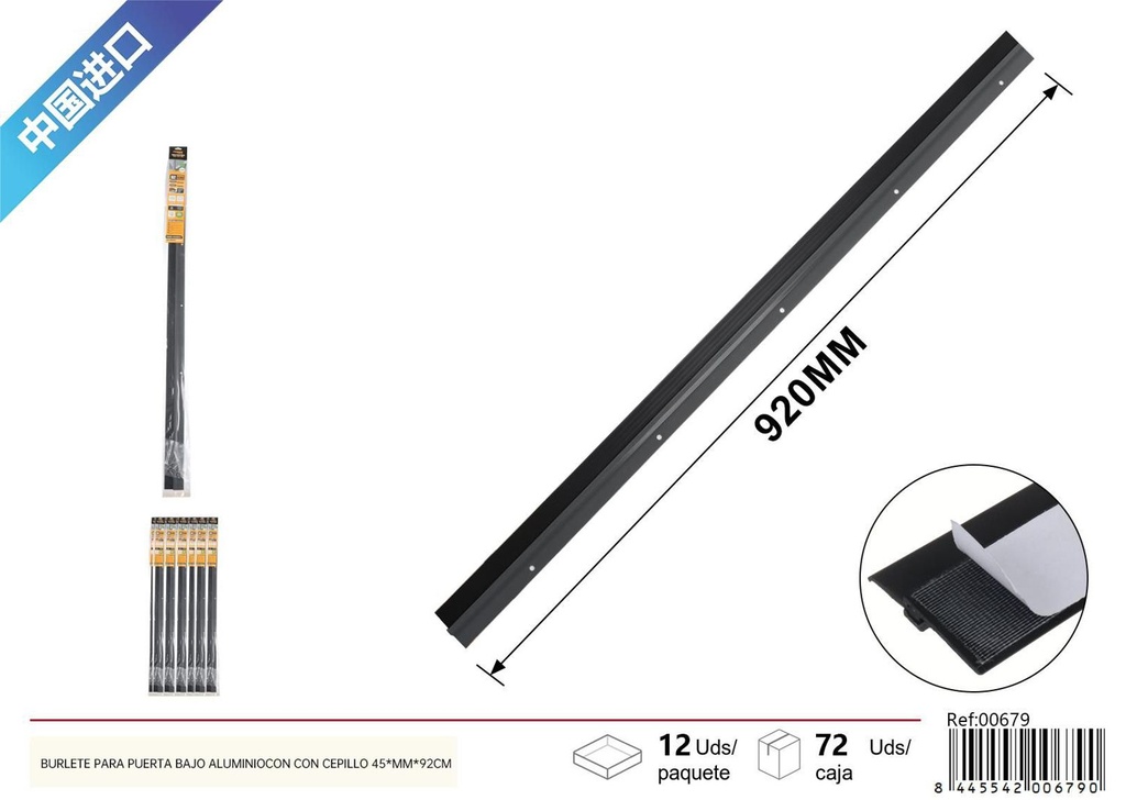 Burlete para puerta bajo de aluminio con cepillo 45mmx92cm para aislamiento