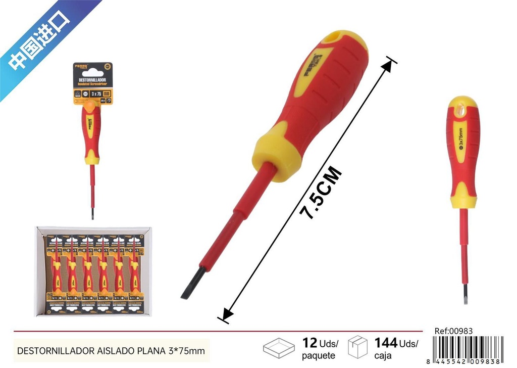 Destornillador aislado plano 3x75mm para electricidad