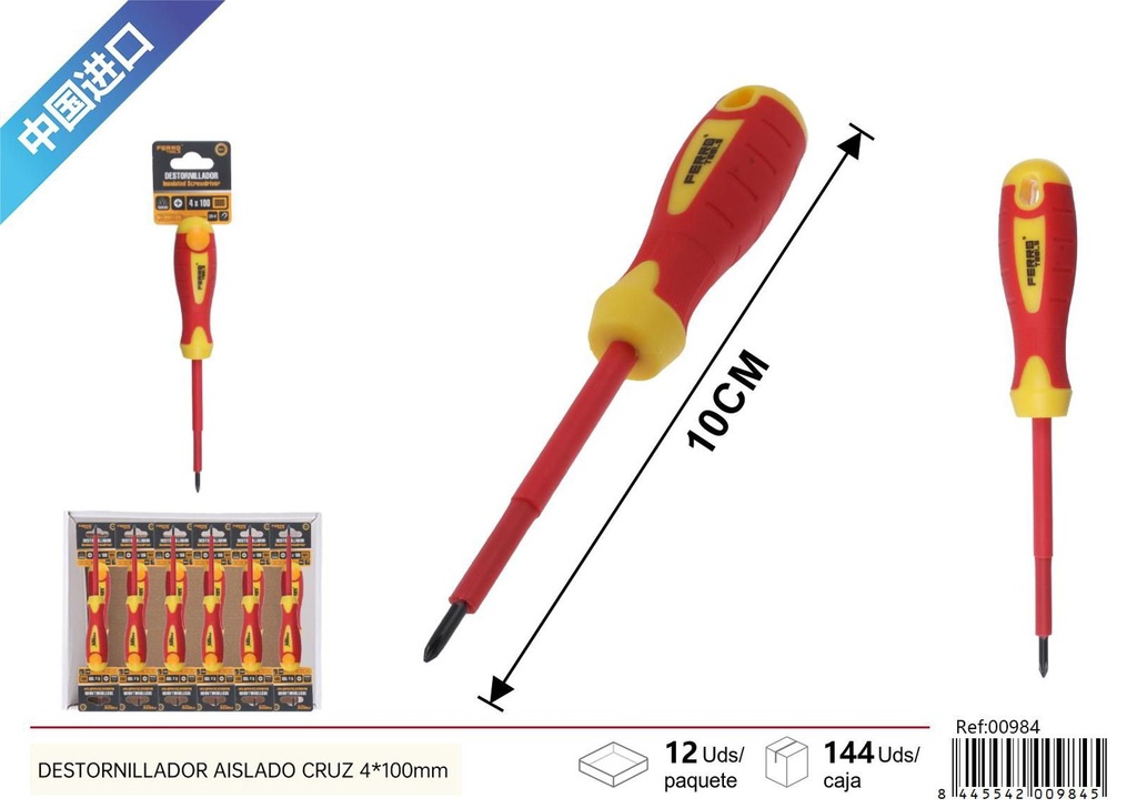 Destornillador aislado de cruz 4*100mm para trabajos eléctricos