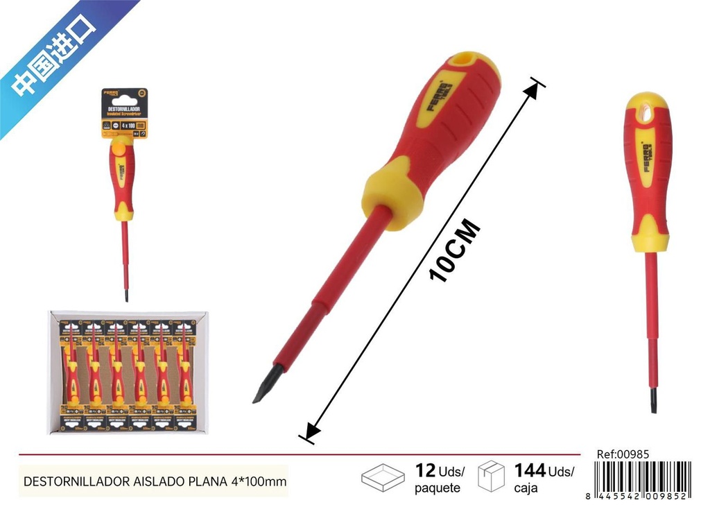 Destornillador aislado plano 4x100mm para trabajos eléctricos