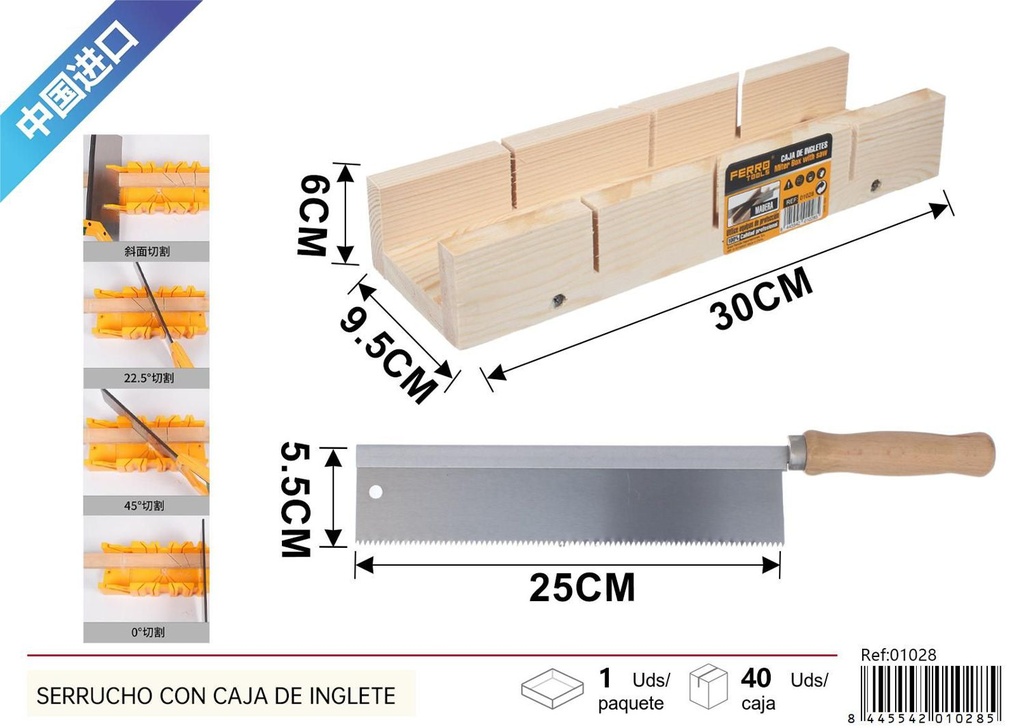 Serrucho con caja de ingletes de madera para carpintería