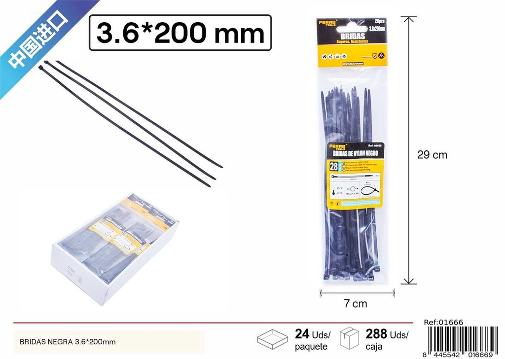 Bridas negras 3.6x200mm para sujeción y fijación