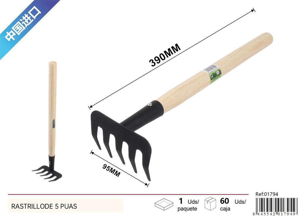 Rastrillo de 5 púas 35cm para jardinería