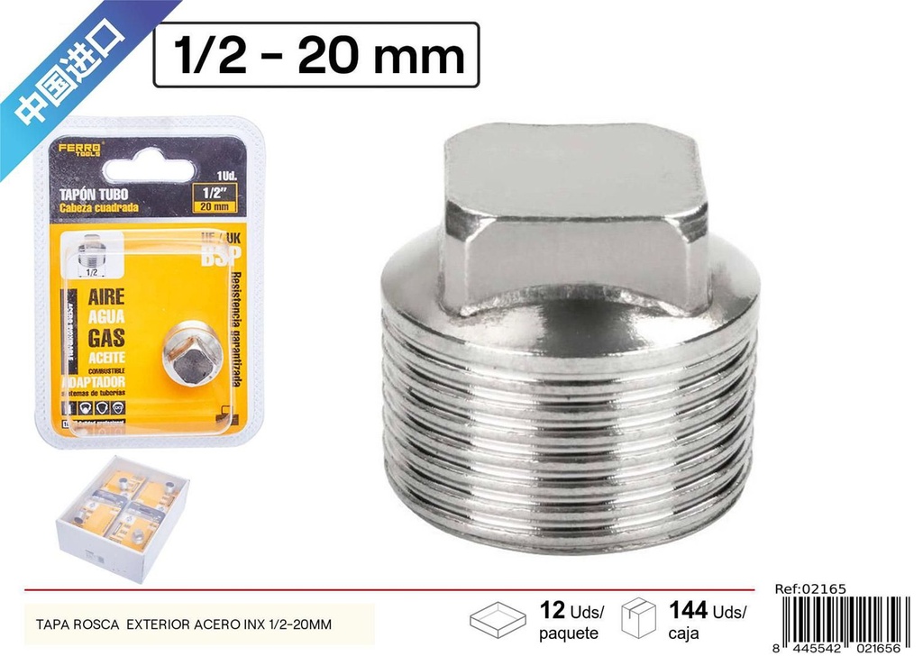 Tapa rosca exterior acero inox 1/2-20mm para conexiones de fontanería