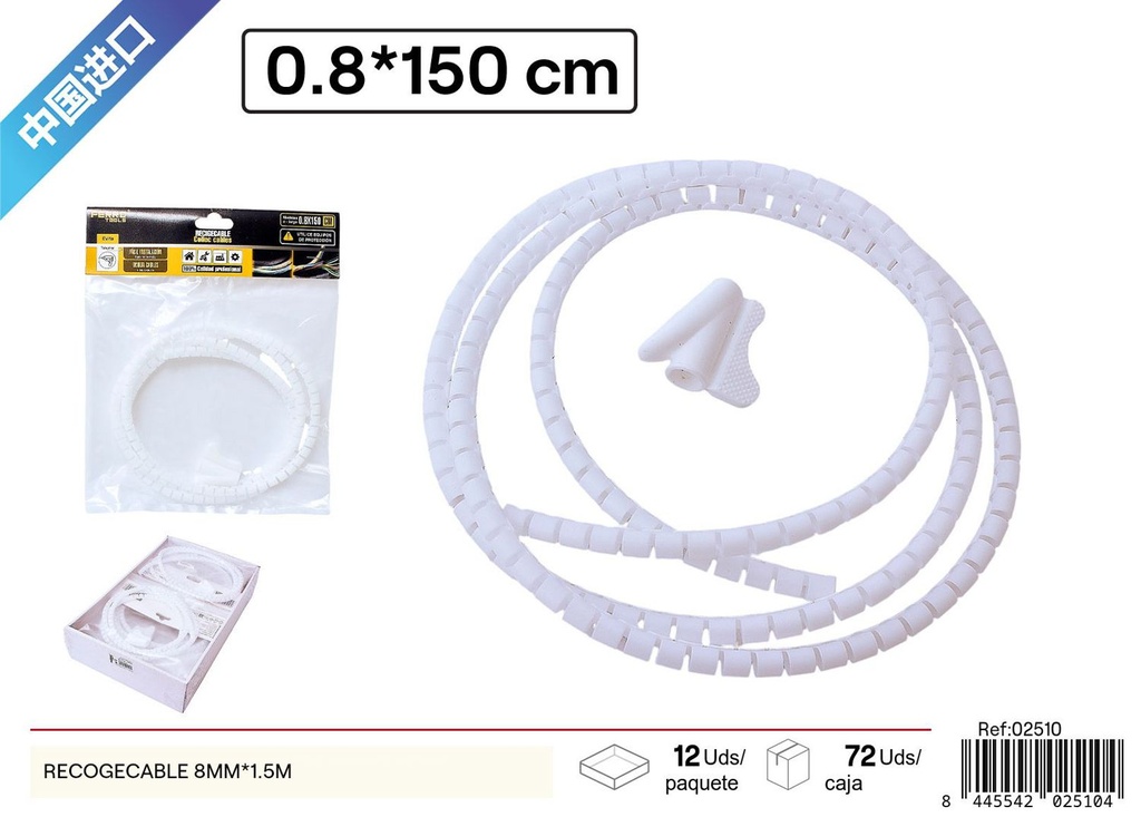 Recogecable blanco 8mm x 1.5m para organización de cables