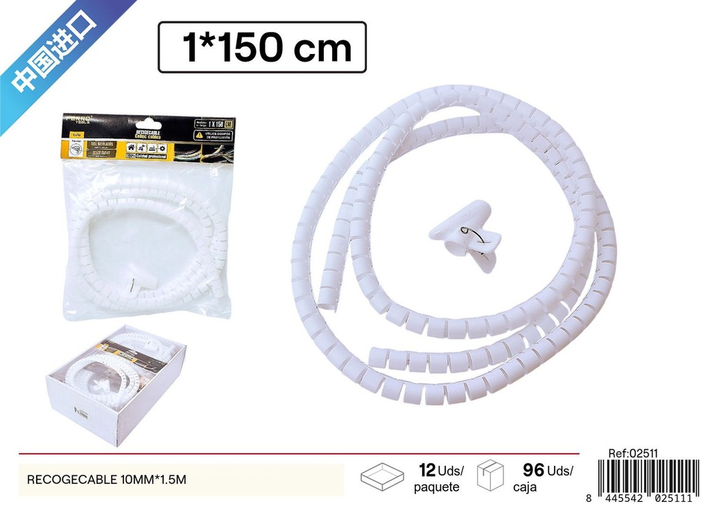 Recogecable 10mm x 1.5m para organización y cableado