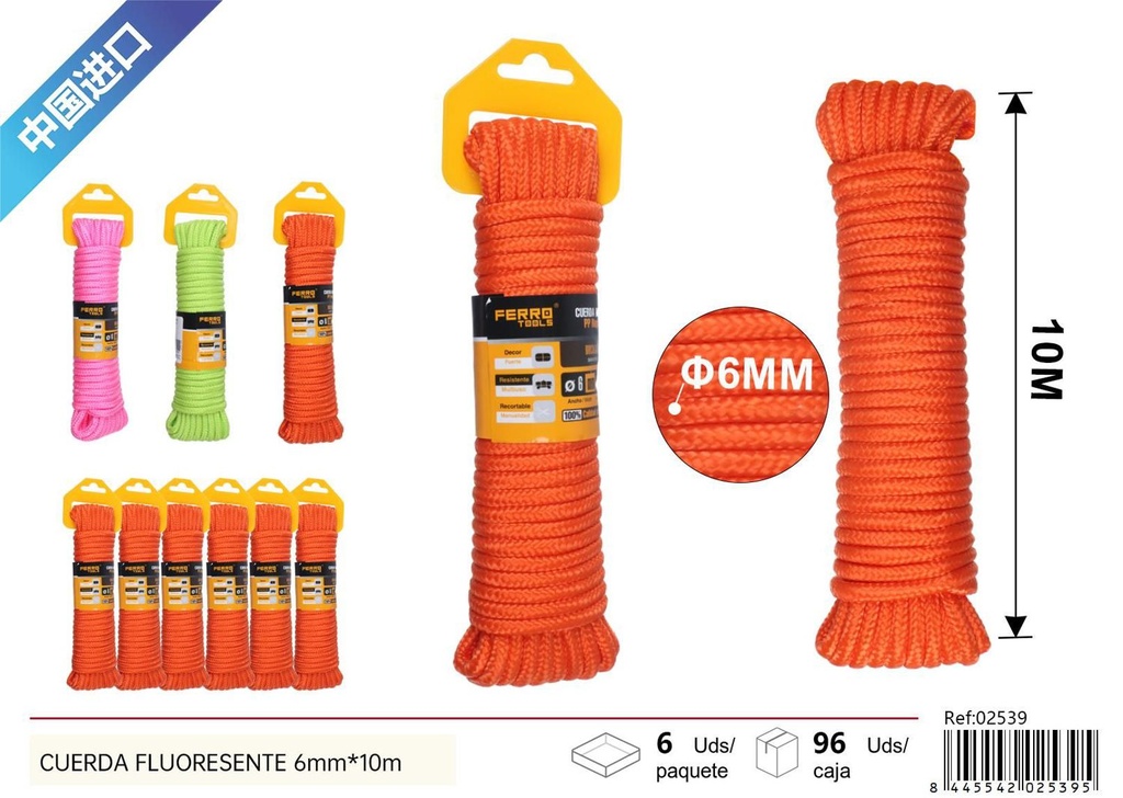 Cuerda fluorescente 6mm x 10m para uso en exteriores y actividades nocturnas