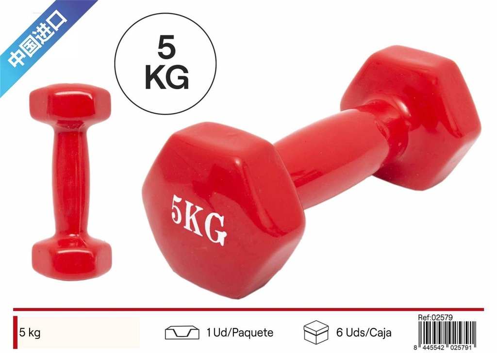 Mancuerna recubierta 5kg roja para fitness y entrenamiento