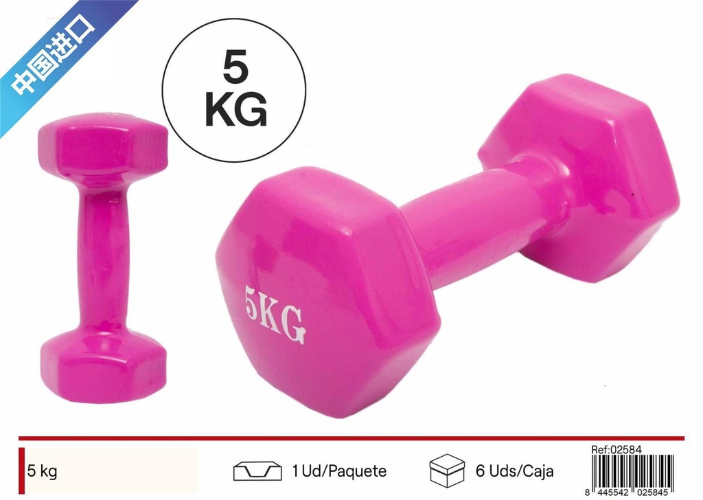 Mancuerna 5kg recubierta de vinilo rosa para entrenamiento y fitness