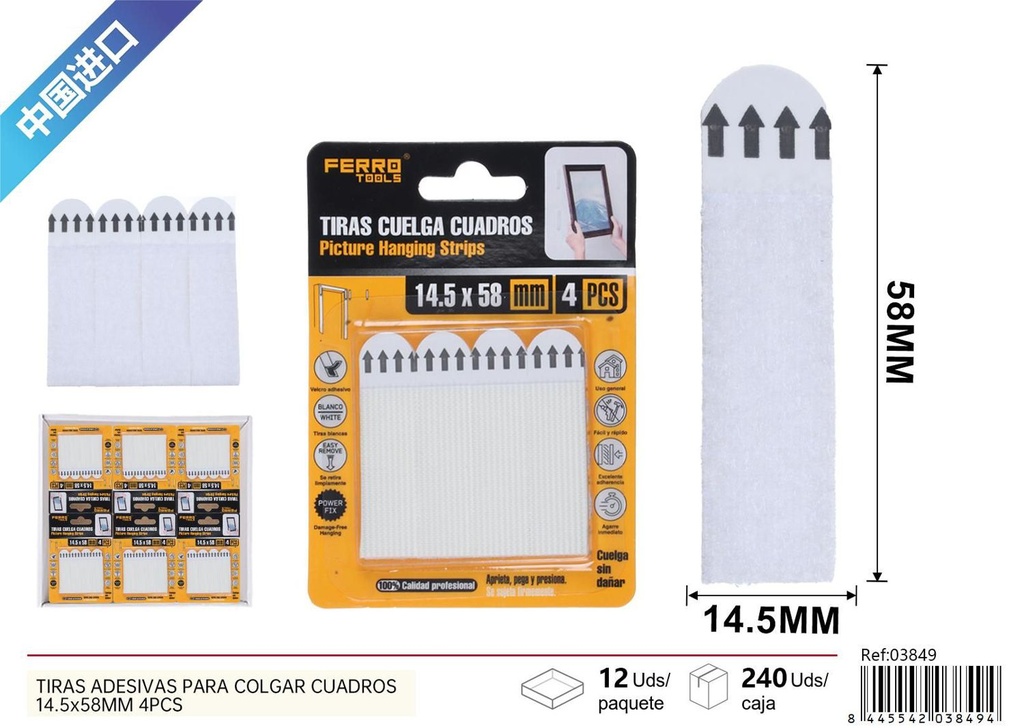 Tiras adhesivas para colgar cuadros 14.5*58 mm - Paquete de 4 unidades