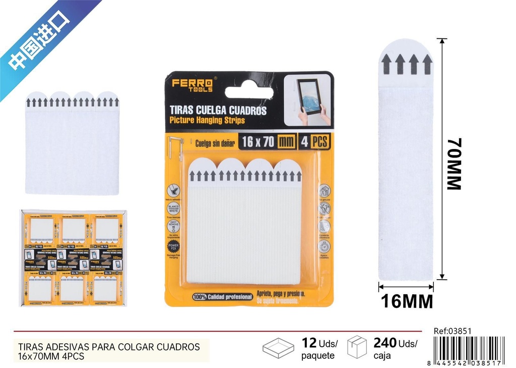 Tiras adhesivas removibles para colgar cuadros 16x70mm 4 pcs - Accesorios de ferretería