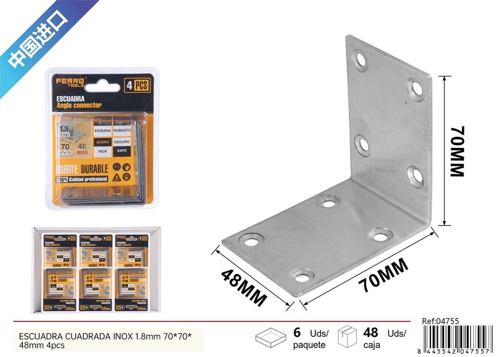 Escuadra cuadrada inox 1.8mm 70x70x48mm 4pcs para soportes y construcción