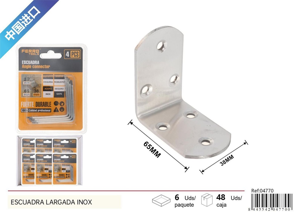 Escuadra redonda inox 2.7mm 65x65x38mm 4pcs para soporte y fijación