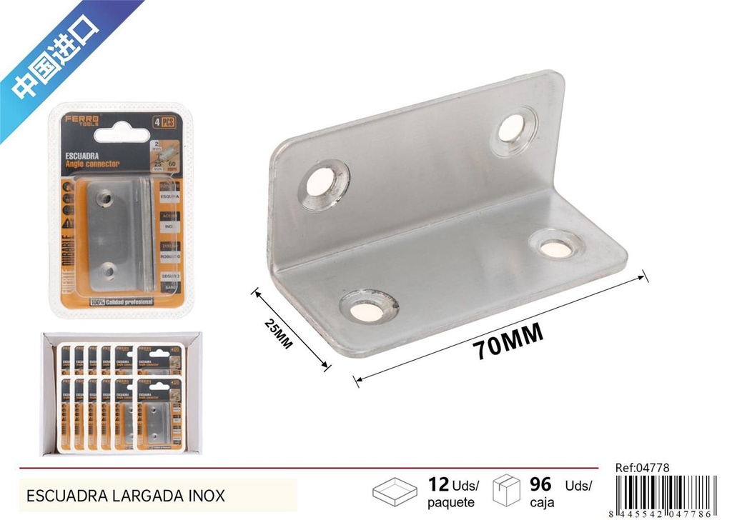 Escuadra largada inox 2.0mm 60x25x25mm 4pcs para soporte estructural