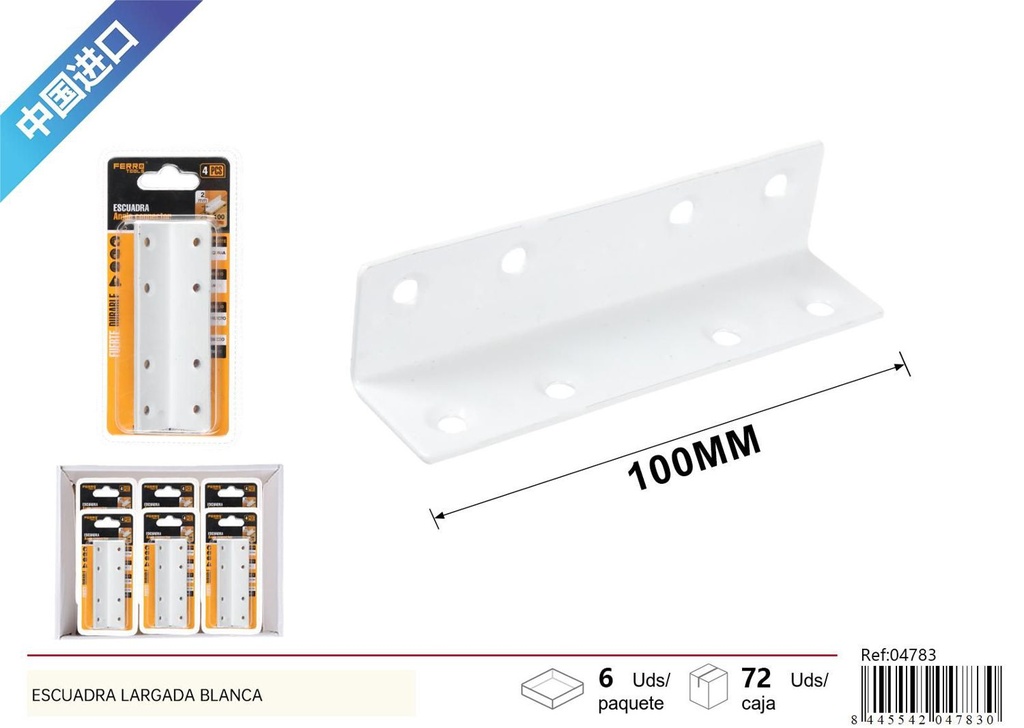 Escuadra alargada blanca 2.0mm 100x25x25mm 4 piezas