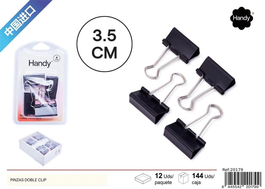Pincitas de doble clip negras 3.5 cm - Material de oficina