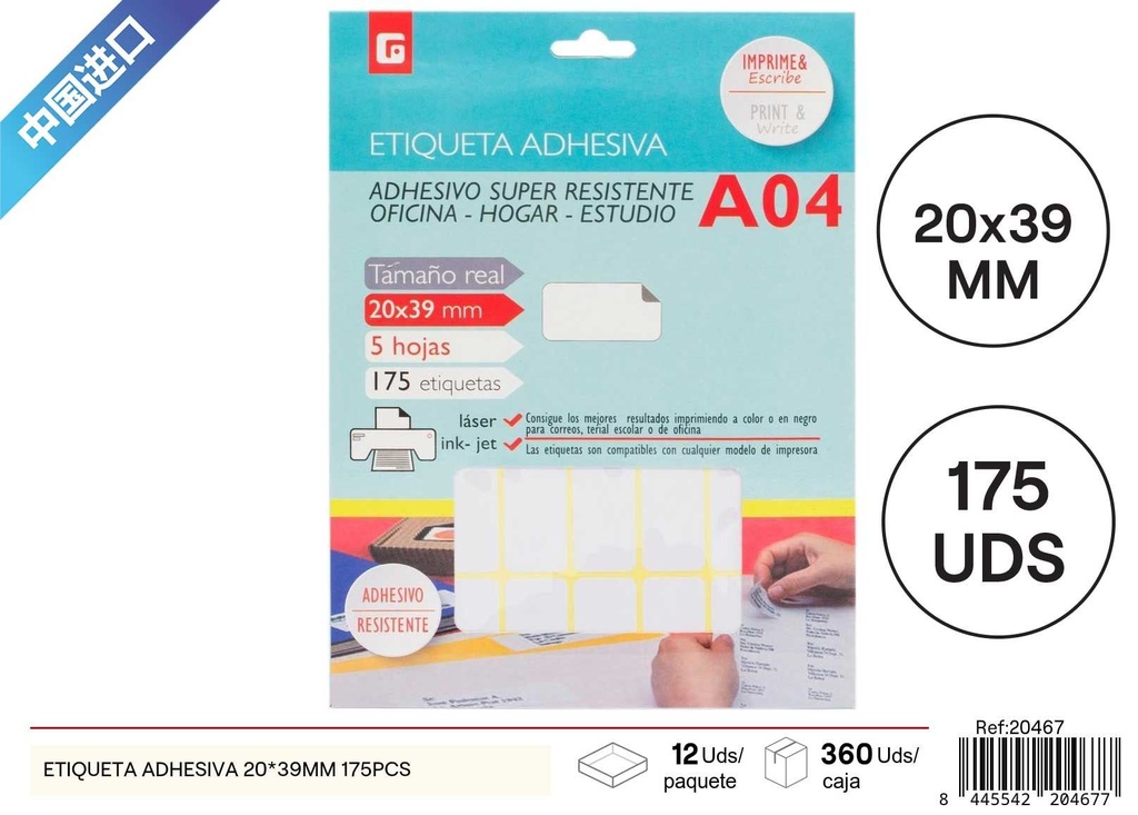 Etiqueta adhesiva blanca 20x39 mm 175 pcs - Material de oficina