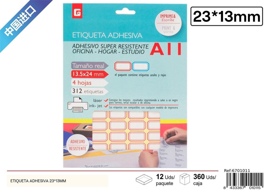 Etiqueta adhesiva roja y azul 23x13 mm - Material de oficina