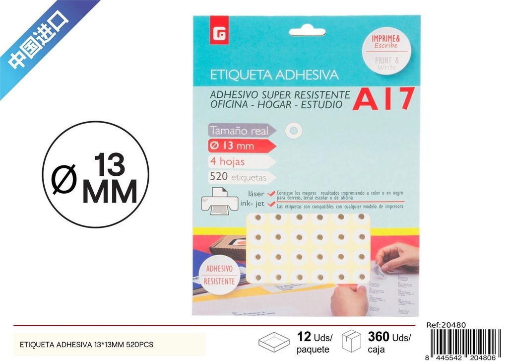 Etiqueta adhesiva 13x13mm 520pcs - Material de oficina y etiquetas adhesivas
