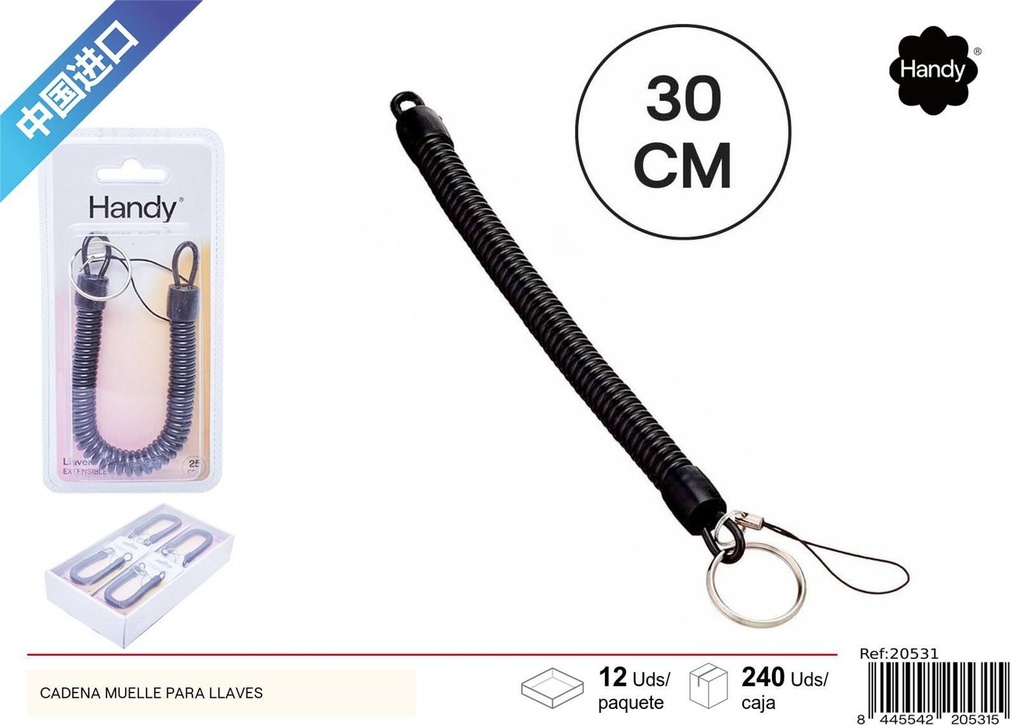 Cadena muelle para llaves 30cm con mosquetón negro