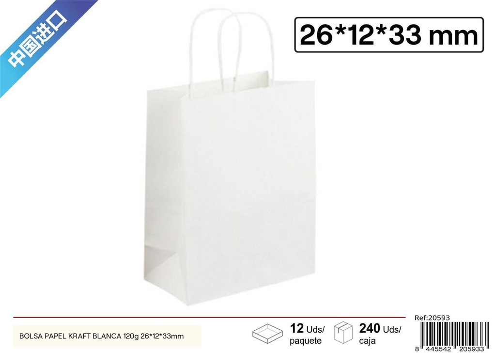 Bolsa papel kraft blanca 120g 26x12x33mm para regalos y empaques