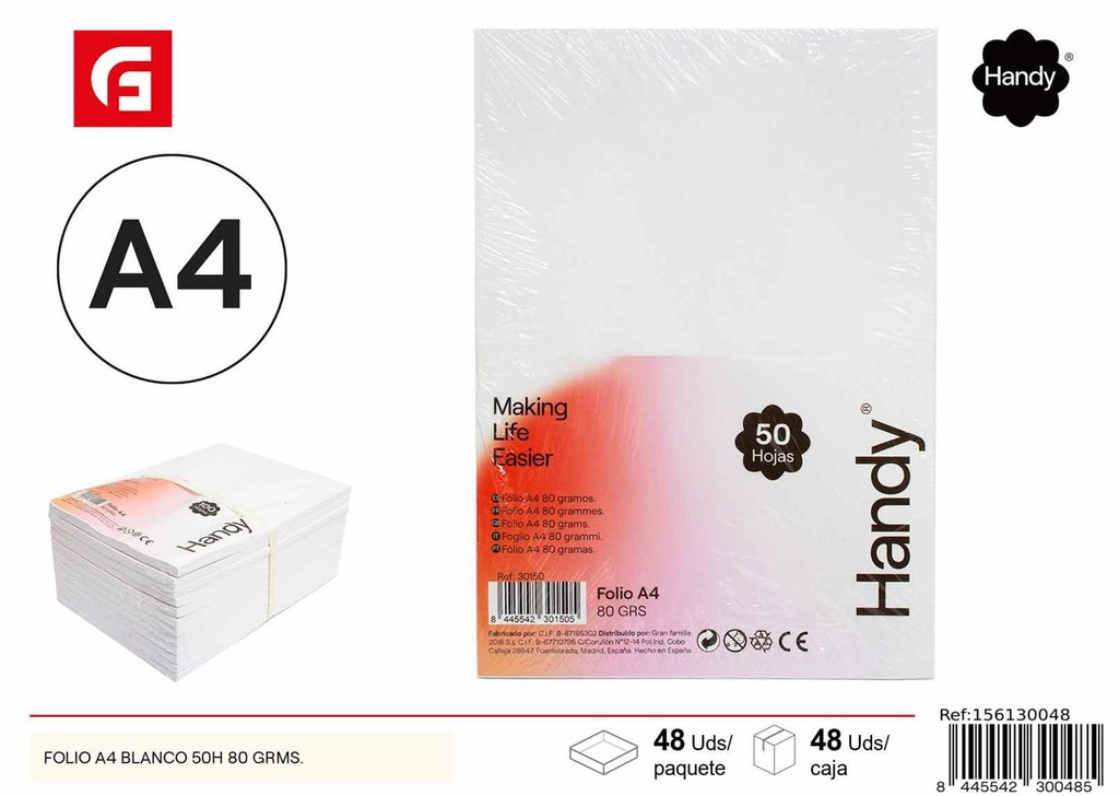 Folio A4 blanco 50 hojas 80gr