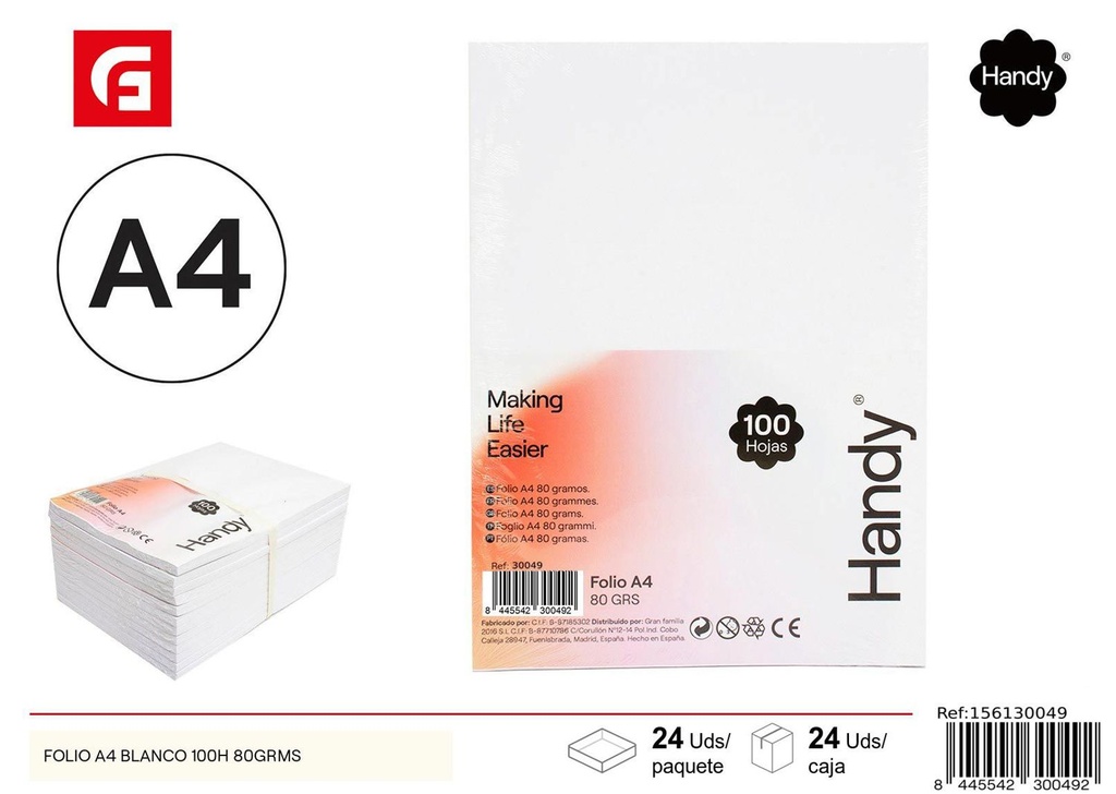 Folio A4 blanco 100h 80grms - Materiales de oficina