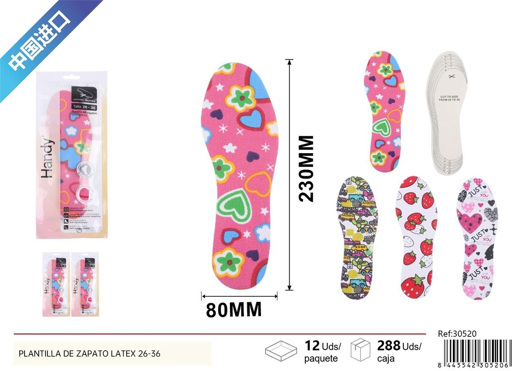 Plantilla de zapato de látex infantil con estampado de lona para tallas 26-36 - Plantillas para niños