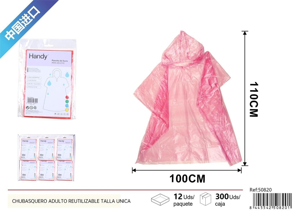 Chubasquero adulto reutilizable talla única - Artículos para la lluvia